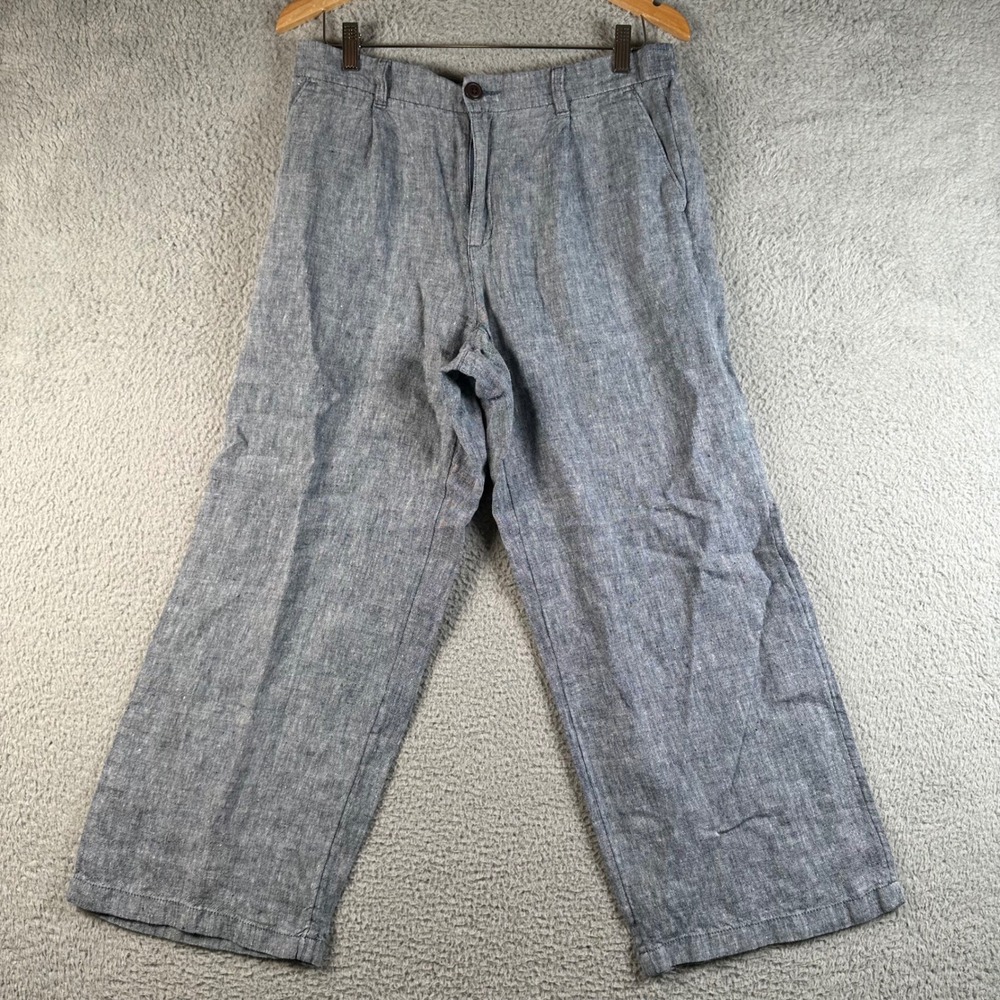 Lands End Womens 10P High Rise 100% Linen Wide Leg Pants Blue Petite Coastal